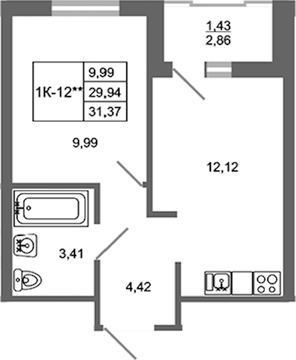 1-комнатная квартира 31.37 м², 17/17 эт., ЖК «Стороны Света 2»